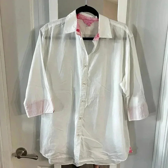 Lilly Pulitzer White Button Up Blouse Size Medium Color White Pink - Picture 1 of 4